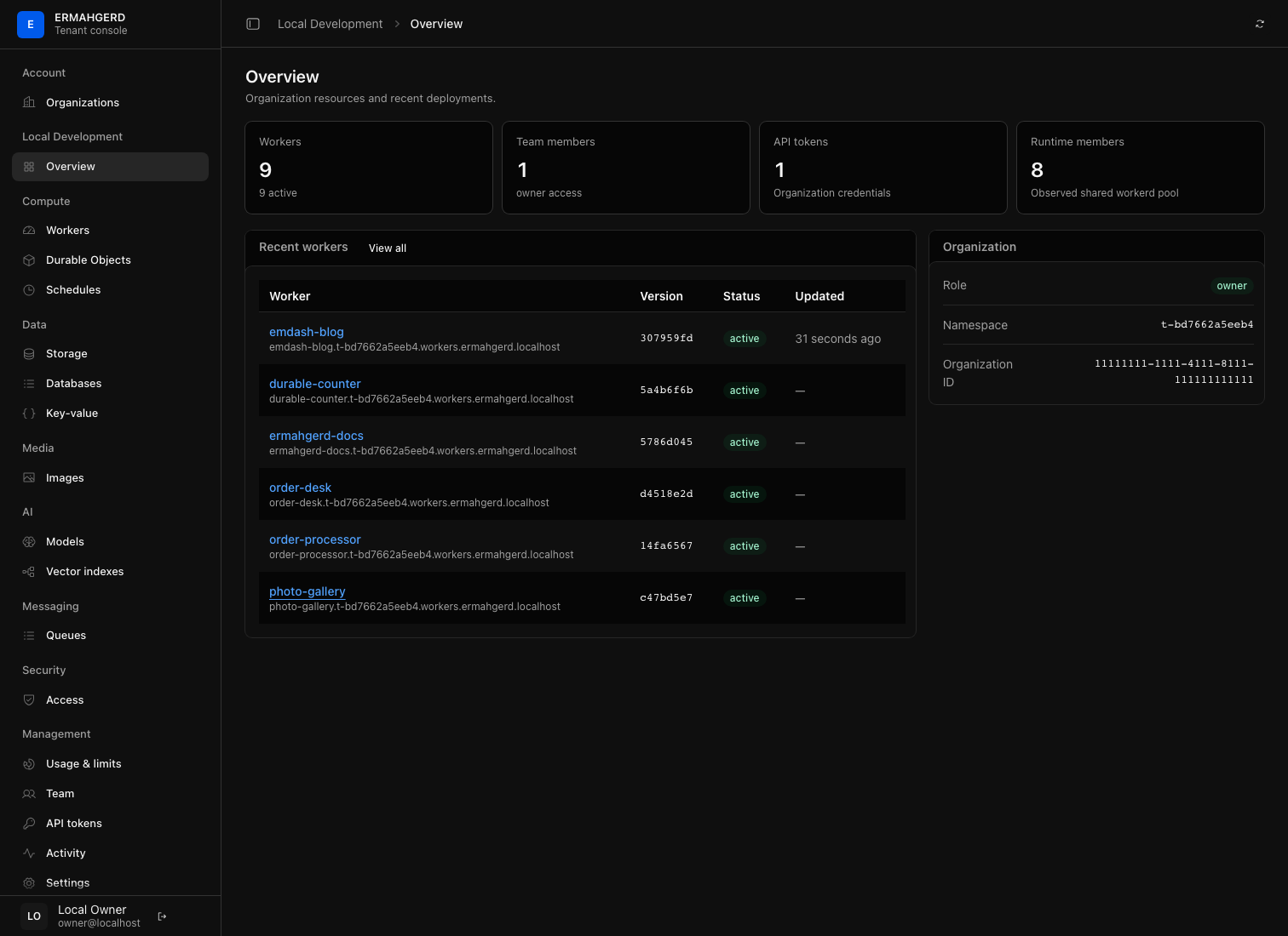 Organization overview showing its resources and recent Worker deployments