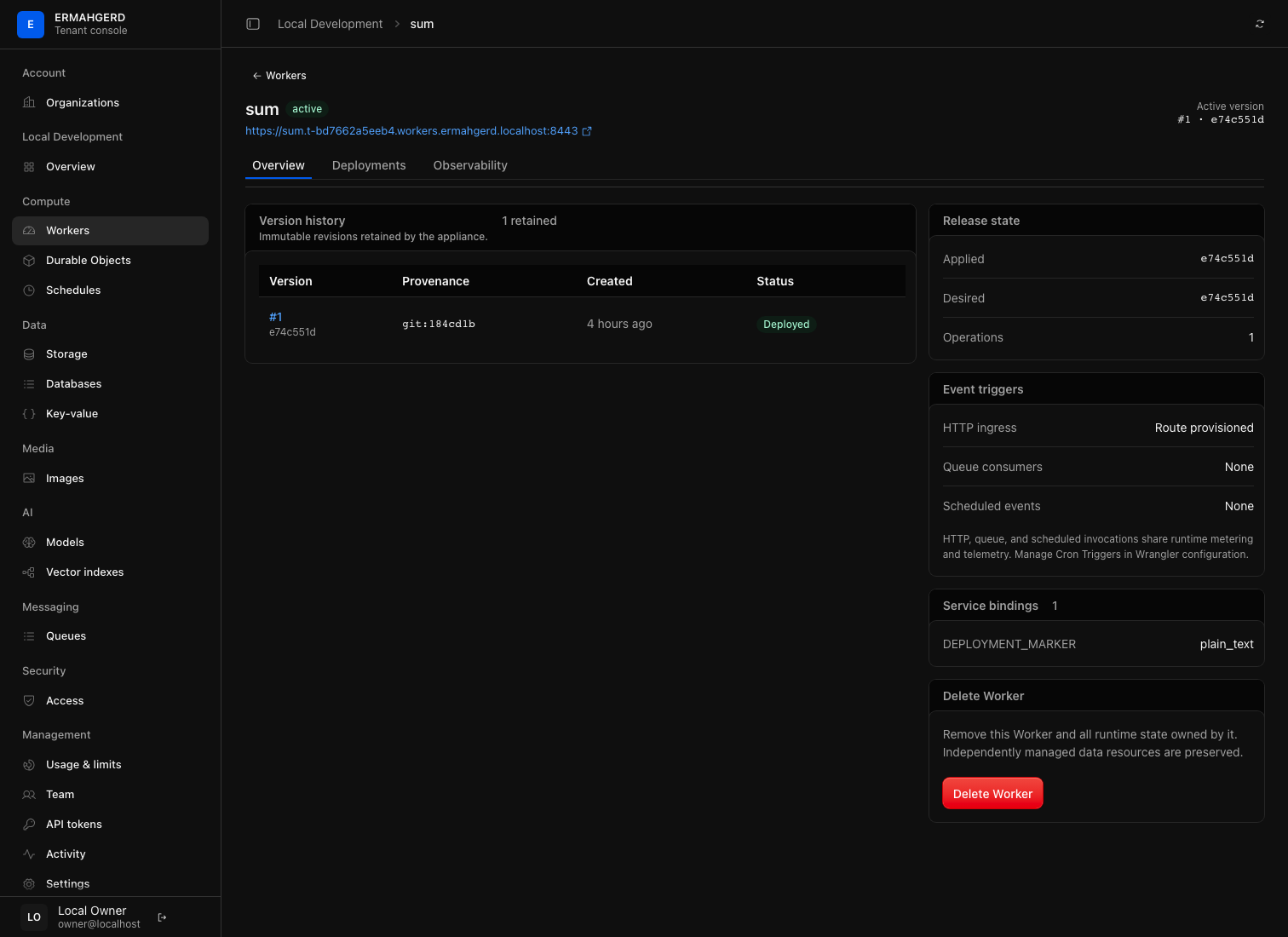 Worker overview with active revision and version history